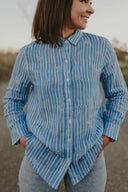 Sky Blue & White Stripes Long Sleeve Linen Shirt
