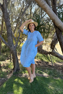 Sky Blue & White Stripes Short Sleeve Linen Dress