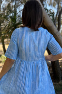 Sky Blue & White Stripes Short Sleeve Linen Dress