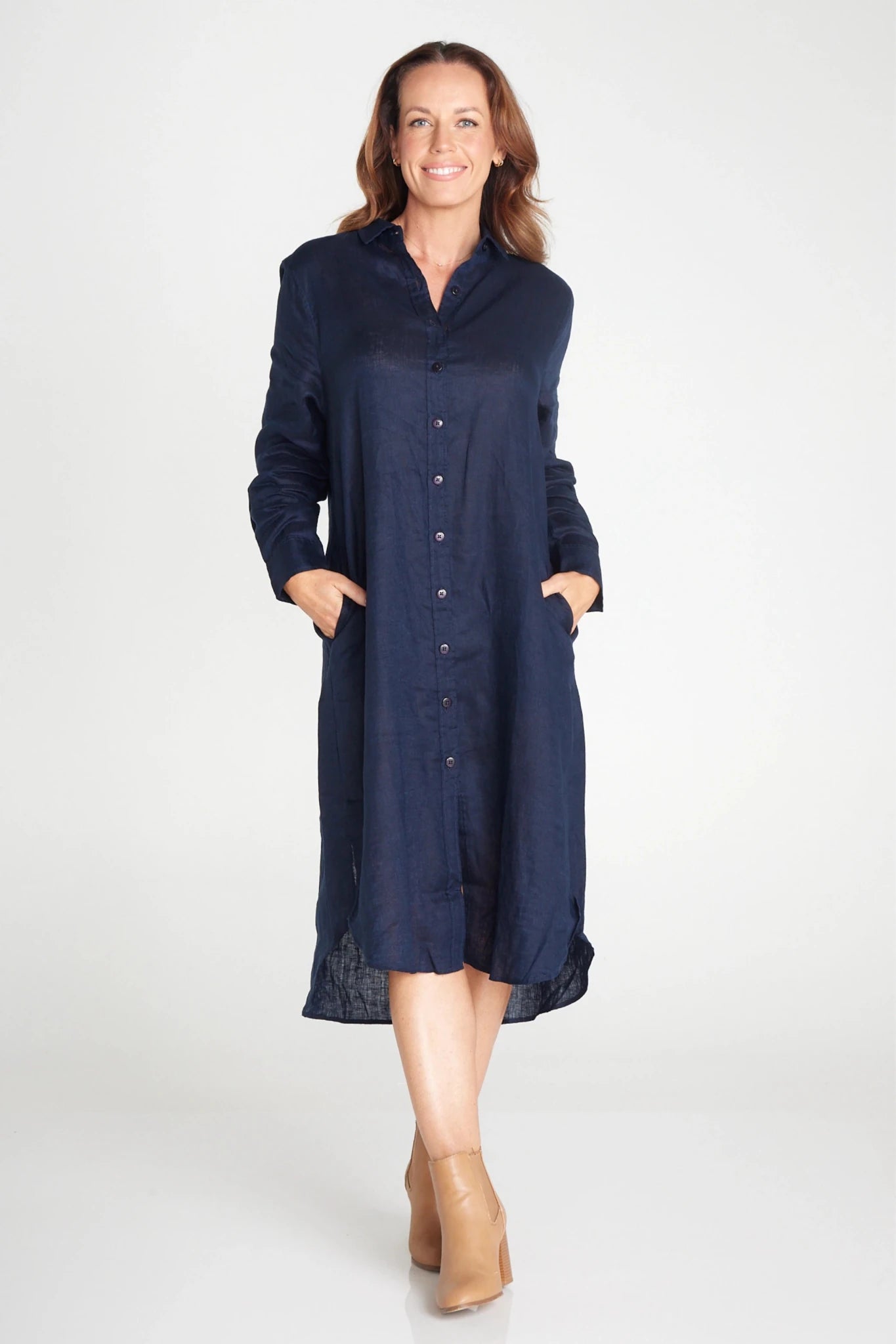 Women's Navy Linen Dress – Full Sleeve Organic Linen