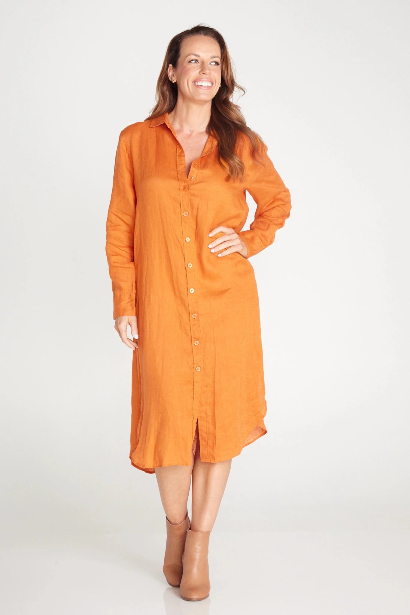 Rust Orange Linen Long Sleeve Dress | Outback Linen Co Rust Orange Linen Long Sleeve Dress | Outback Linen Co