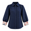 Navy – She's Arrived - Linen Blouse - Bloom cuff, print cuff front