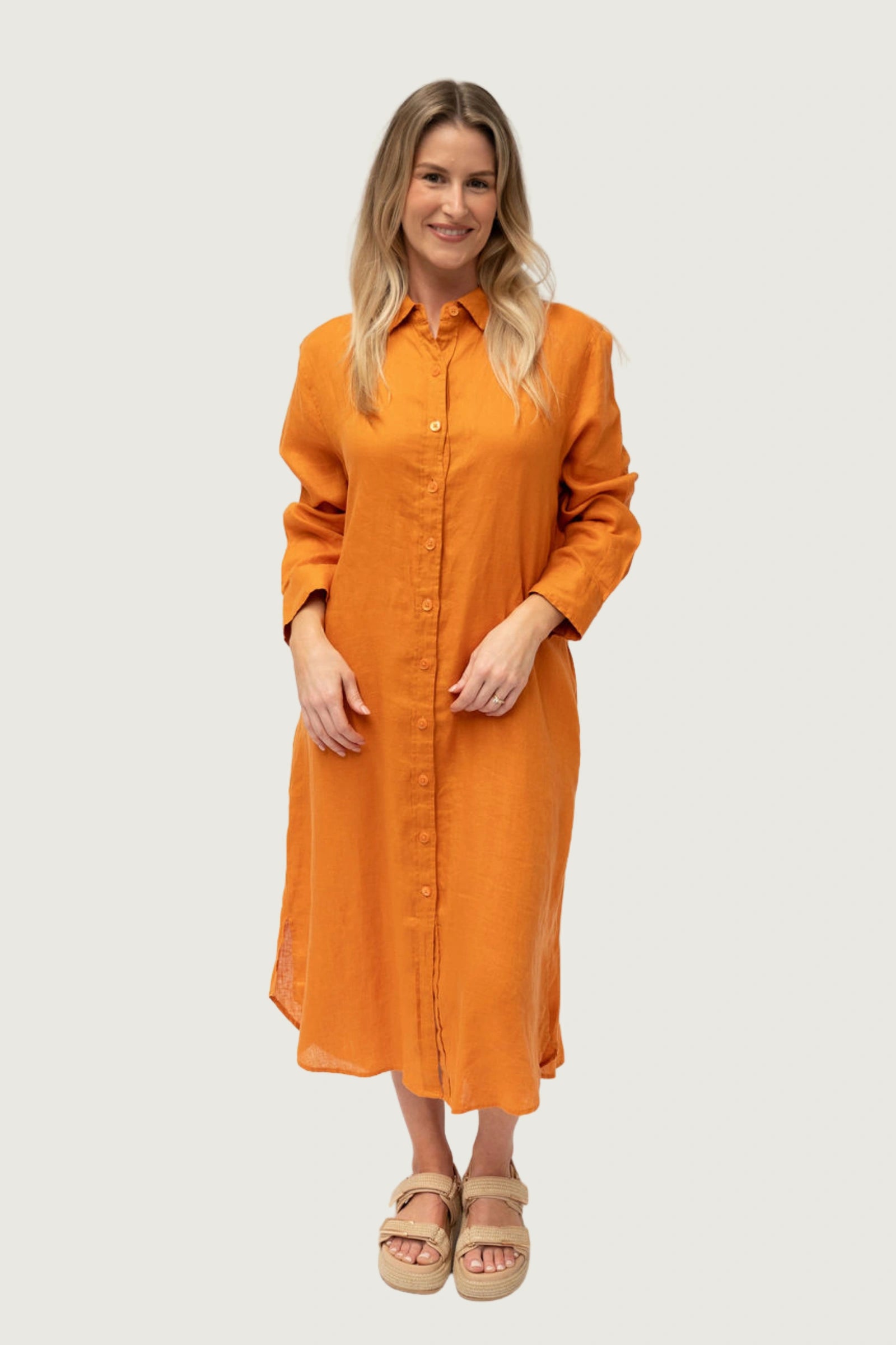 Rust Orange Linen Long Sleeve Dress