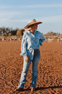 Rural Outback Sky Blue Embroidered Organic Long Sleeve Linen Shirt