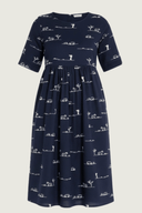 Rural Outback Eclipse Navy Embroidered Organic Linen Short Sleeve Dress