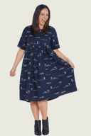 Rural Outback Eclipse Navy Embroidered Organic Linen Short Sleeve Dress