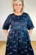 Rural Outback Eclipse Navy Embroidered Organic Linen Short Sleeve Dress