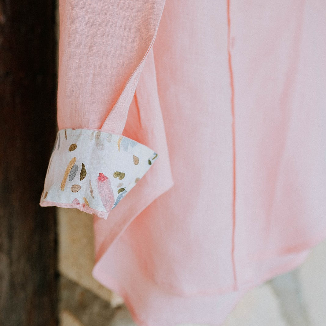 Playful Pink Organic Linen Shirt With Printed Cuffs - Outback Linen Co
