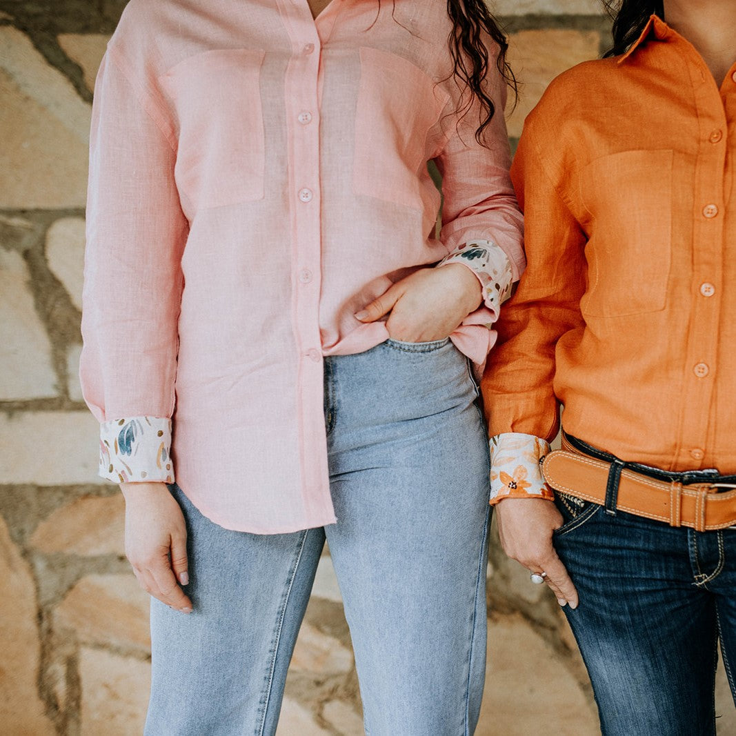 Playful Pink Organic Linen Shirt With Printed Cuffs - Outback Linen Co