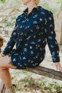 Lady Jane Outback Eclipse Navy Embroidered Organic Long Sleeve Linen Shirt