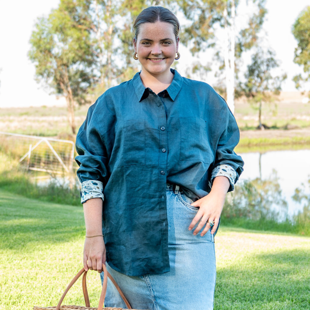 Midnight Bloom Organic Linen Shirt With Printed Cuffs