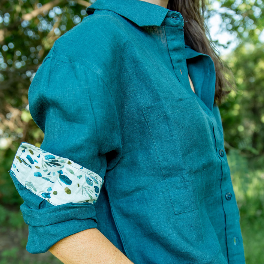 Midnight Bloom Organic Linen Shirt With Printed Cuffs