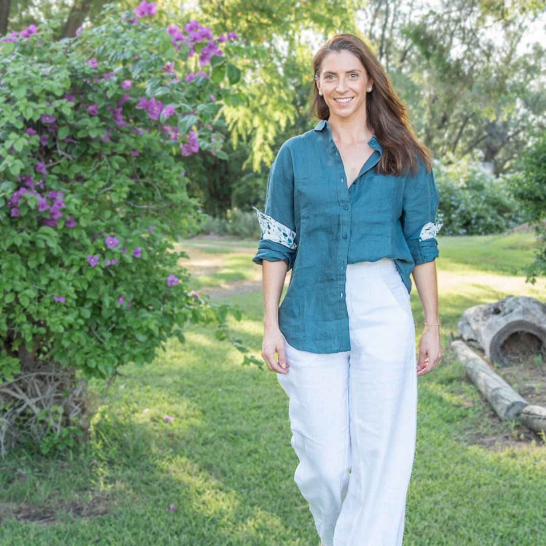 Midnight Bloom Organic Linen Shirt With Printed Cuffs