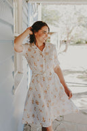 The Michelle Turner Bird Print Caramel Short Sleeve Dress
