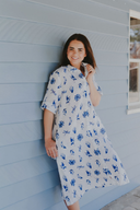 Blue & White Bird Song Short Sleeve Organic Linen Dress