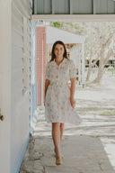 The Michelle Turner Bird Print Caramel Short Sleeve Dress