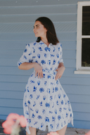 Blue & White Bird Song Short Sleeve Organic Linen Dress