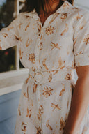 The Michelle Turner Bird Print Caramel Short Sleeve Dress