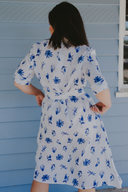 Blue & White Bird Song Short Sleeve Organic Linen Dress