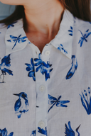 Blue & White Bird Song Short Sleeve Organic Linen Dress