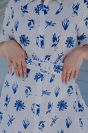 Blue & White Bird Song Short Sleeve Organic Linen Dress