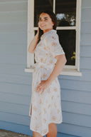 The Michelle Turner Bird Print Caramel Short Sleeve Dress