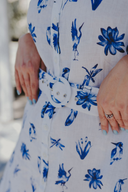 Blue & White Bird Song Short Sleeve Organic Linen Dress