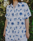 Blue & White Bird Song Short Sleeve Organic Linen Shirt