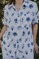 Blue & White Bird Song Short Sleeve Organic Linen Shirt