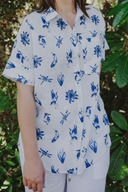 Blue & White Bird Song Short Sleeve Organic Linen Shirt