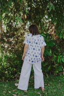 Blue & White Bird Song Short Sleeve Organic Linen Shirt