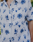 Blue & White Bird Song Short Sleeve Organic Linen Shirt