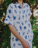 Blue & White Bird Song Short Sleeve Organic Linen Shirt