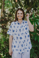 Blue & White Bird Song Short Sleeve Organic Linen Shirt