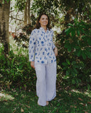 Blue & White Bird Song Long Sleeve Linen Shirt
