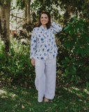 Blue & White Bird Song Long Sleeve Linen Shirt