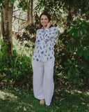 Blue & White Bird Song Long Sleeve Linen Shirt