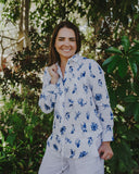 Blue & White Bird Song Long Sleeve Linen Shirt
