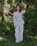 Blue & White Bird Song Long Sleeve Linen Shirt