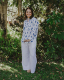 Blue & White Bird Song Long Sleeve Linen Shirt