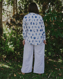 Blue & White Bird Song Long Sleeve Linen Shirt