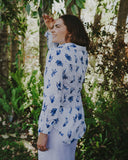 Blue & White Bird Song Long Sleeve Linen Shirt