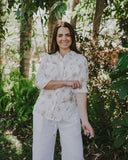 Gold & White Bird Song Long Sleeve Linen Shirt