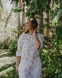 Gold & White Bird Song Long Sleeve Linen Shirt
