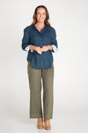 Midnight Bloom Organic Linen Shirt With Printed Cuffs