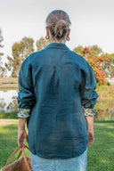 Midnight Bloom Organic Linen Shirt With Printed Cuffs