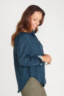 Midnight Bloom Organic Linen Shirt With Printed Cuffs