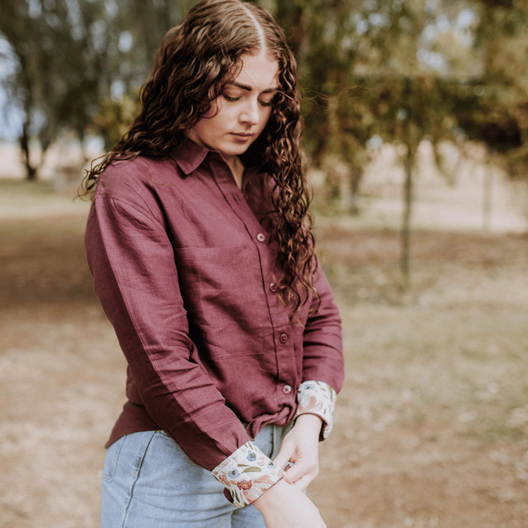 Mystic Plum Organic Linen Shirt with Printed Cuffs - Outback Linen Co