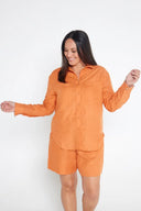 Orange Rust Organic Linen Shirt With Printed Cuffs