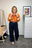 Orange Rust Organic Linen Shirt With Printed Cuffs